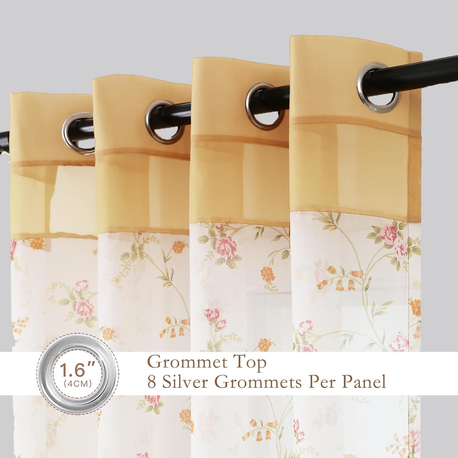 L.Z.E Floral Sheer Curtains for Living Room 63 Inch Length 2 Panels Set, Spring Sheer Curtains & Drapes for Bedroom Girls Room Nursery Grommet Top with Tiebacks Short Voile (56" W x 63" L)