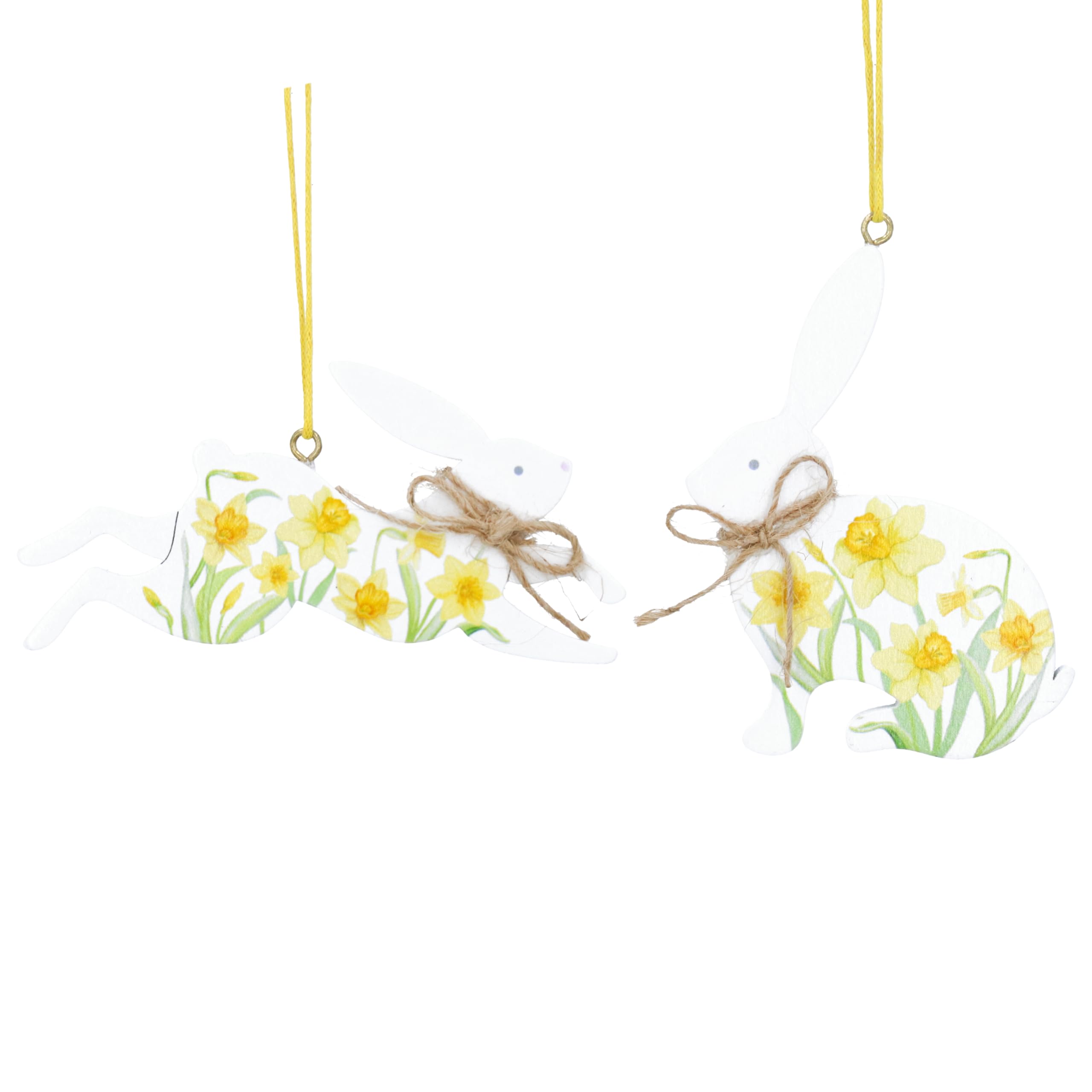 Gisela Graham Natural Daffodil White Wooden Hare Easter Decorations - Set Of Two