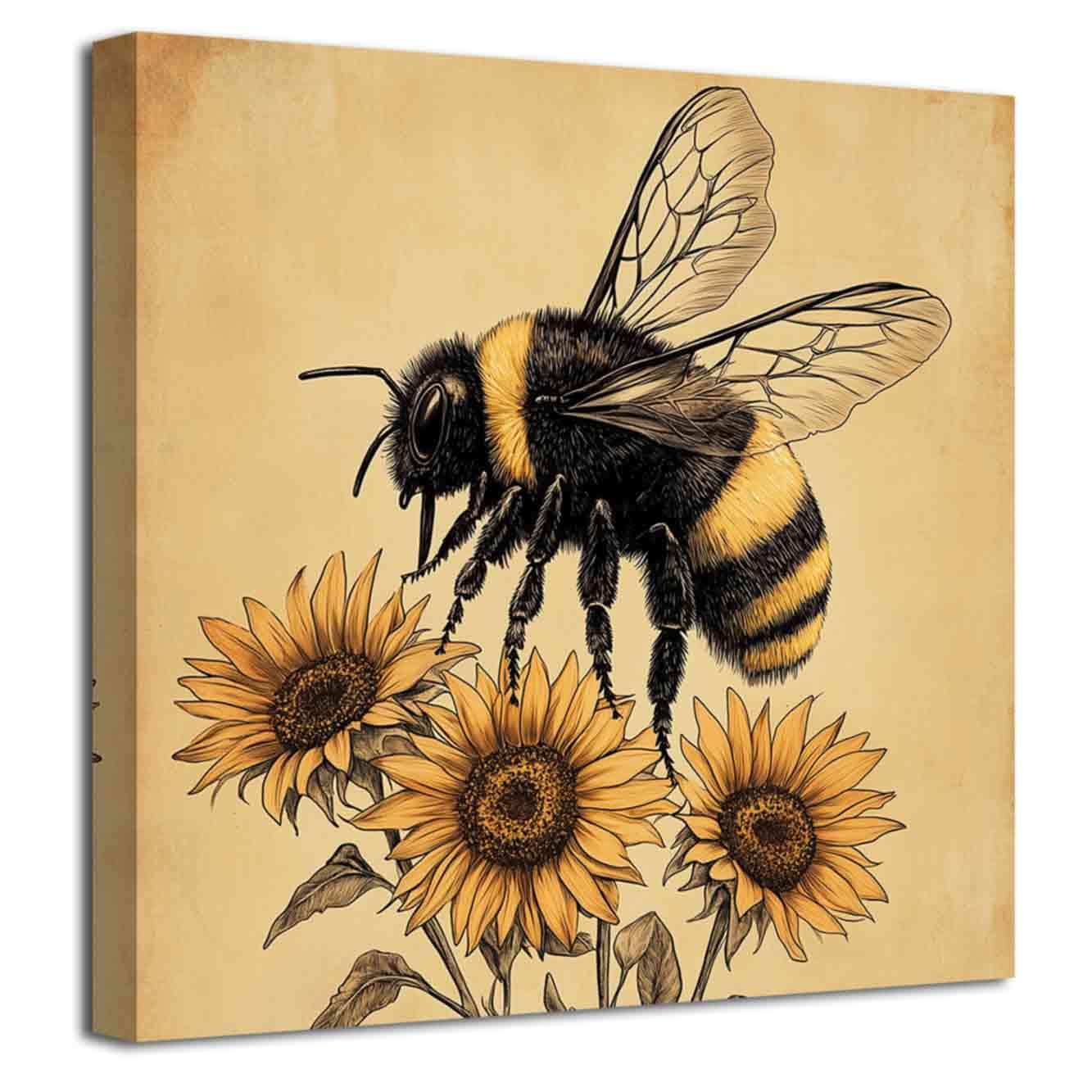 LZIMU Sunflower Wall Art Bee Pictures Kitchen Decor Rustic Farmhouse Animal Painting Yellow Flower Canvas Prints Vintage Country Wildflower Poster Bathroom Kids Room (18L x 18W)