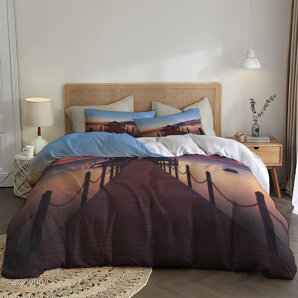 NIBAINLO 布団カバー夕日のビーチ桟橋 肌に優しい ピーチスキン加工 掛け布団カバー 和式 洋式 あったか 布団カバーセット リバーシブル ホームステイ ホテル 家庭兼用