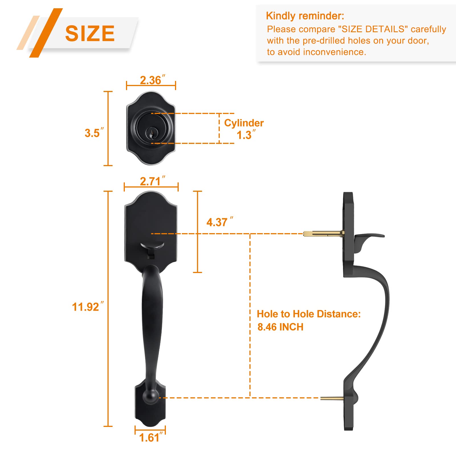 Natsukage Front Door Handle Set Heavy Duty Double Door Lock Set Matte Black Double Door Handle Sets with Dummy, with Single Cylinder Deadbolt and Door Knob, Reversible for Right & Left Handed Doors