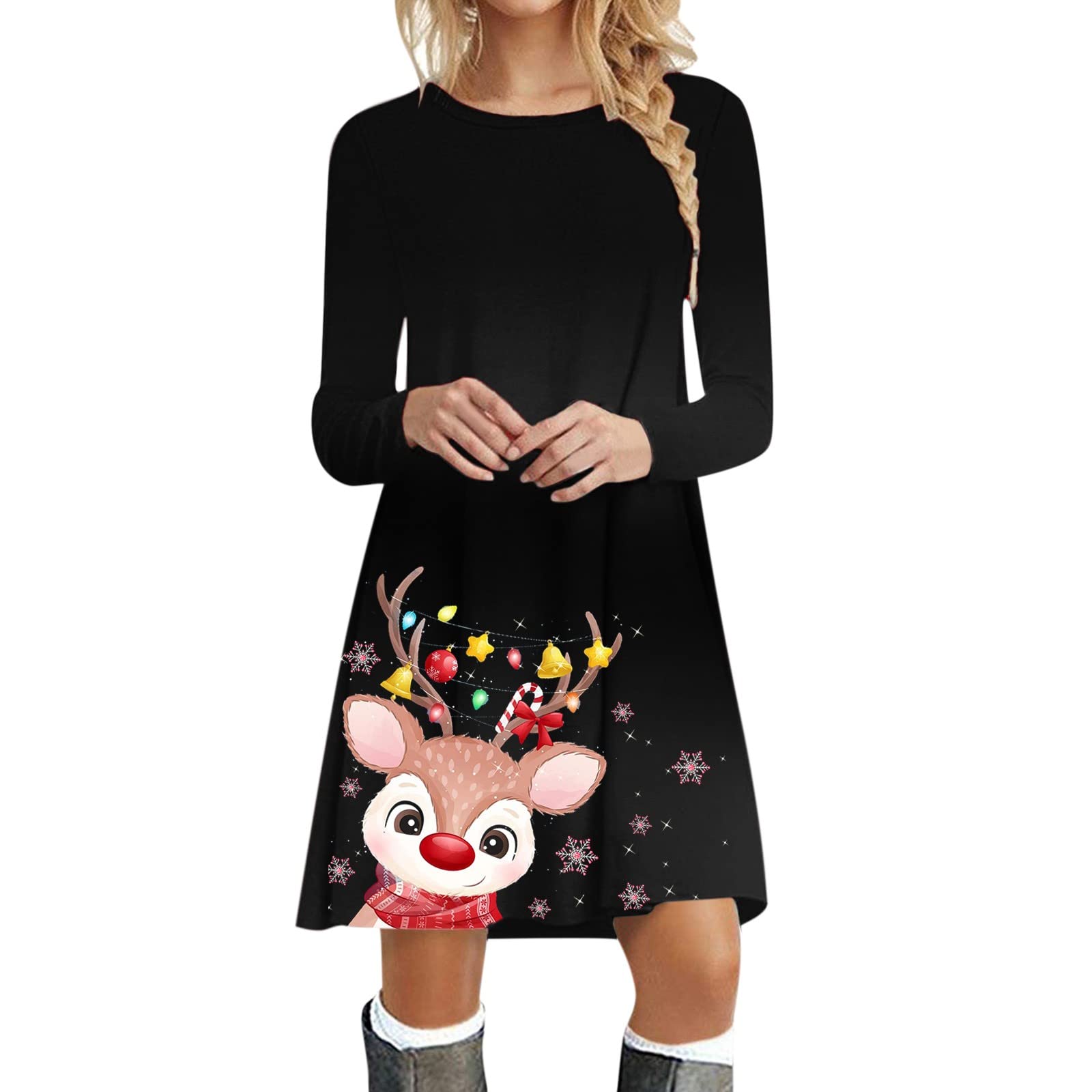 Abito Natalizio Donna Stampa Renna, Girocollo Maniche Lunghe, Mini Vestito Elegante Ma Divertente – Perfetto Per Le Feste E Come Regalo!