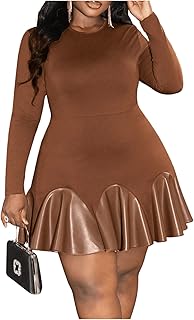 Women's Plus Size Long Sleeve Ruffle Mini Dress PU Leather Cocktail Party Dresses - Buy now