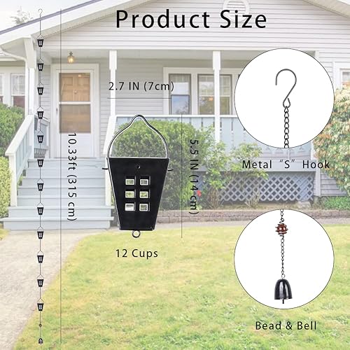 Miniatura 2 de Cadena cuadrada de lluvia, cadenas negras de 10 pies con 12 tazas, cadena de captura de lluvia ajustable con campana para drenaje de aleros,