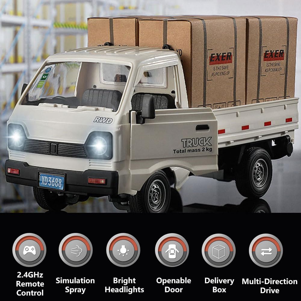 GoolRC Remote Control Car Kei Truck, 1:16 Scale RC Transport Pickup Truck with Spray and Light, 2.4GHz All Terrain RC Cars for Teens and Adults Christmas or Birthday Gift (Blue)