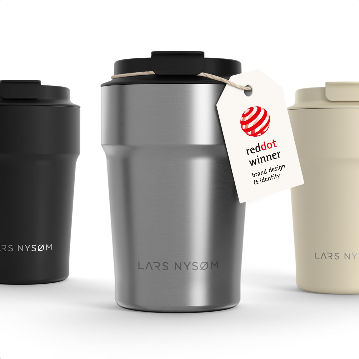 LARS NYSØM Thermo Coffee Mug-to-go 13oz | Travel Mug 0.38 L with Insulation | Silicone Grip Base | Leak Proof Stainless Steel Tumbler for Coffee and Tea on the Go (Stainless Steel - Powder, 380ml)