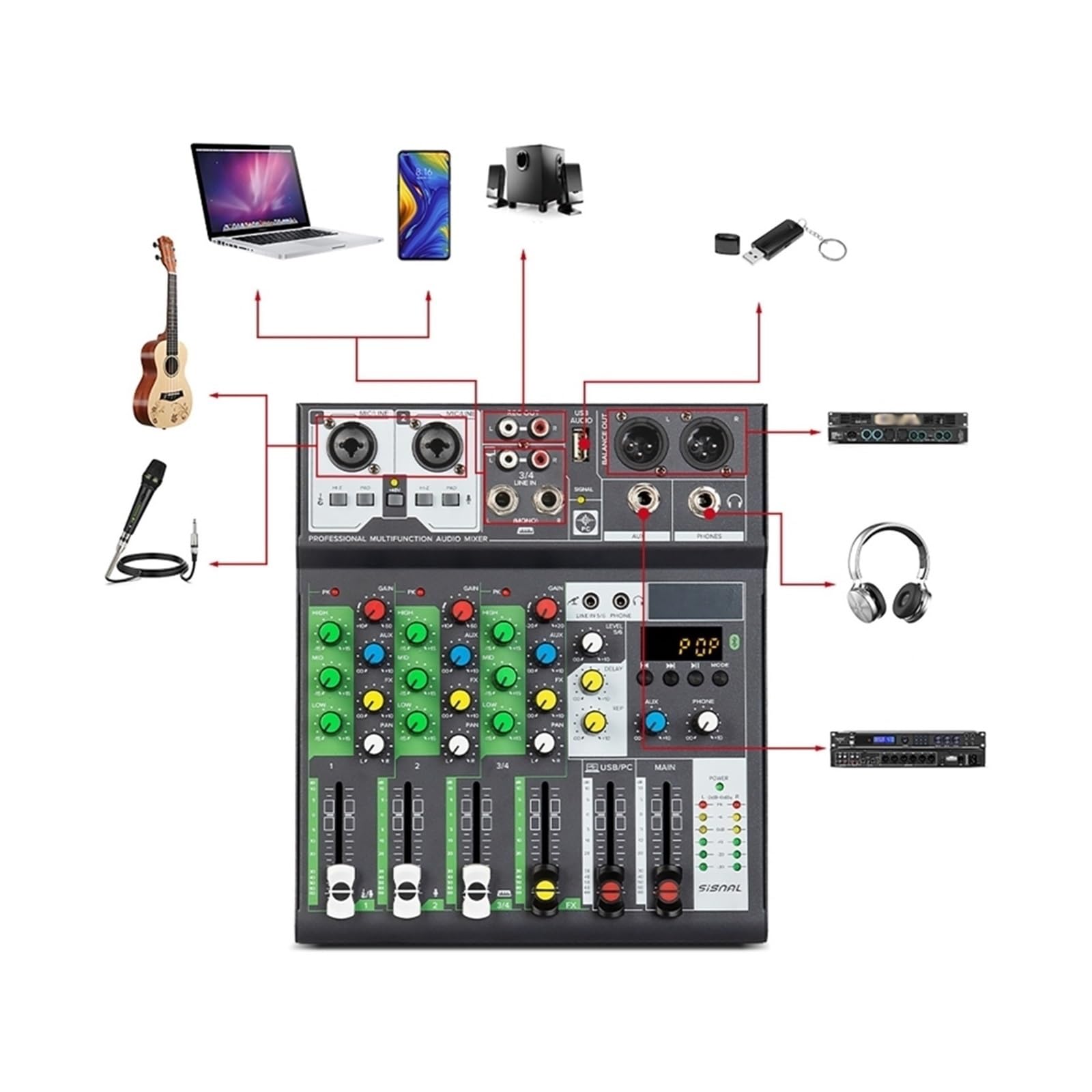 Mikser dźwięku, Profesjonalny mikser audio, konsola miksująca dźwięk, zgodny z Bluetooth, dobra czułość, nagrywarka USB, mini DJ