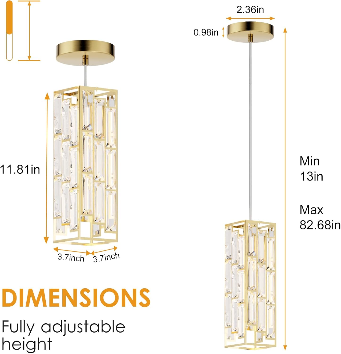 Brass Pendant Lights Modern Pendant Light Fixture, Mini Crystal Pendant Ceiling Light, Pendant Light for Kitchen Island, Dinning Room, Bedroom, Kitchen Sink Lighting (3-Pack)