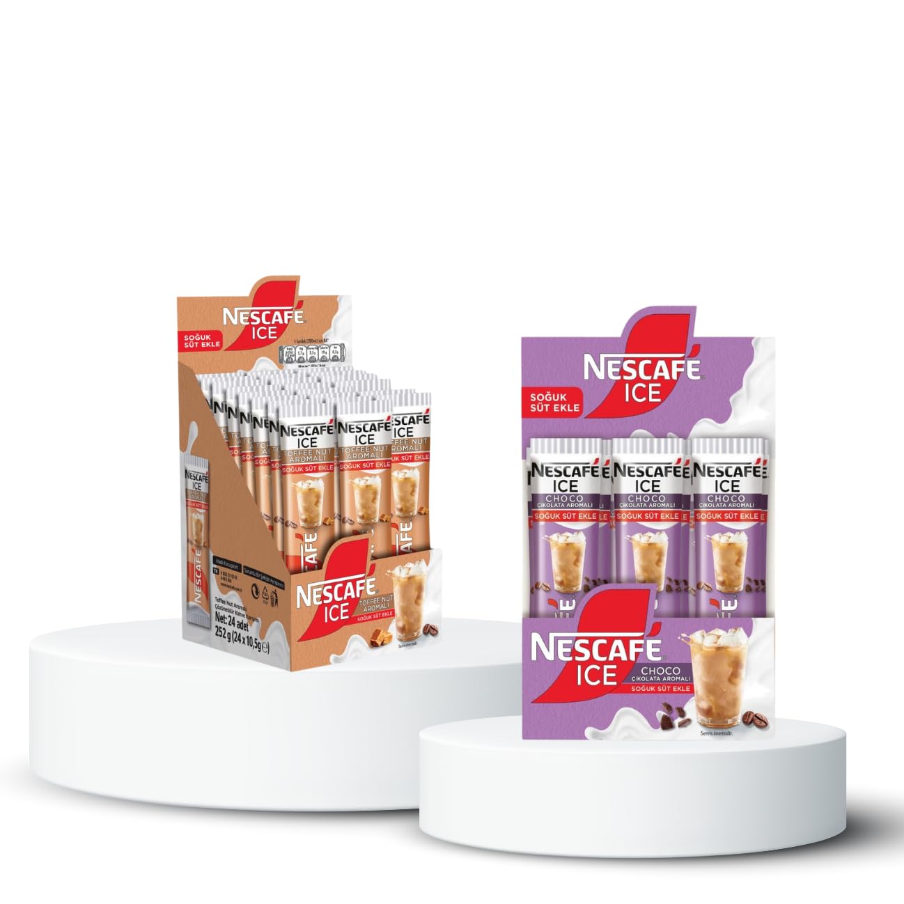 NESCAFÉ Ice – Toffee Nut Aromalı 24'lü Paket (24x10.6 G) ve NESCAFÉ Milky Ice Choco Çikolata Aromalı 24'lü Paket (24x10.6 G)