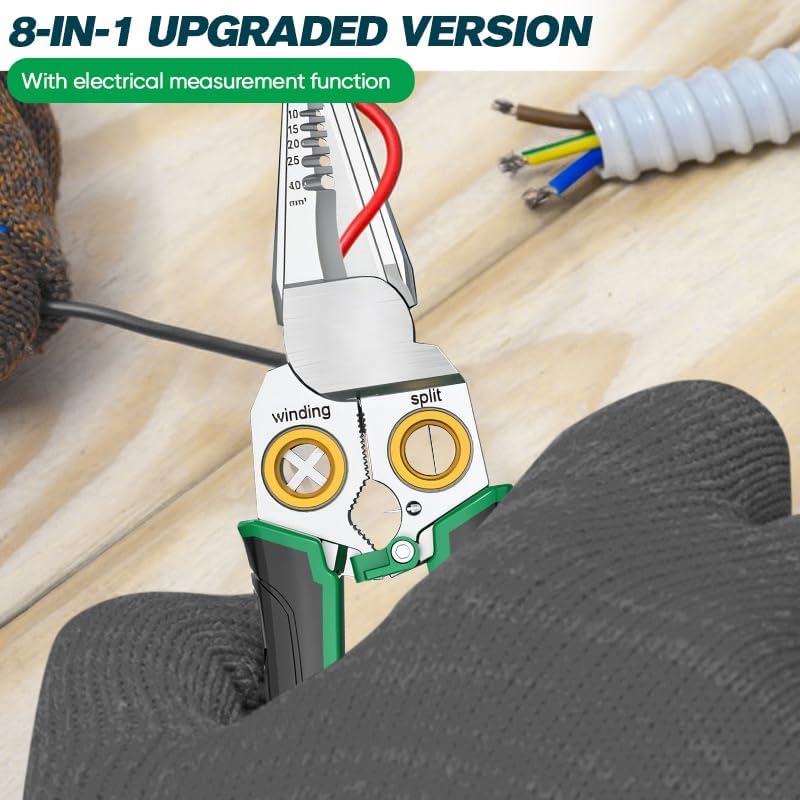 8-in-1 Voltage Testing Wire Stripper Pliers | Wire Stripper & Crimper for Electrical Work | AC/DC Tester for 12-250V | Hand Tool for Electricians, DIY, Auto Wiring