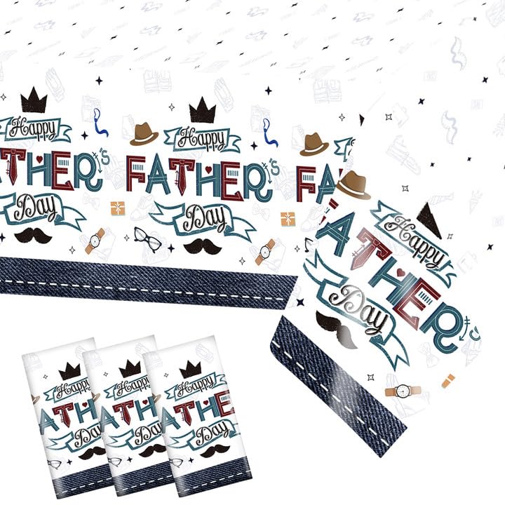 3 Pack Fathers Day Tablecloth Disposable Plastic Happy Fathers Day Party Decorations Blue Tablecover Backdrop Banner for Fathers Day Party Dinner Decoration