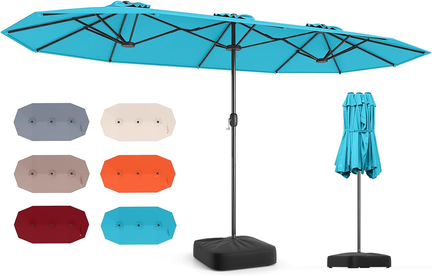 HAPPYGRILL 13 FT Extra-Large Double-sided Patio Umbrella, Outdoor Twin Umbrella w/Base, Crank Handle, Air Vents & 12 Sturdy Ribs, Rectangular Market Umbrella for Garden Deck Pool Backyard