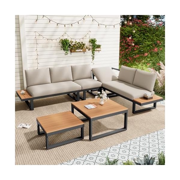 Merax Gartenmöbel Set mit Ecksofa und Tischen Beige
