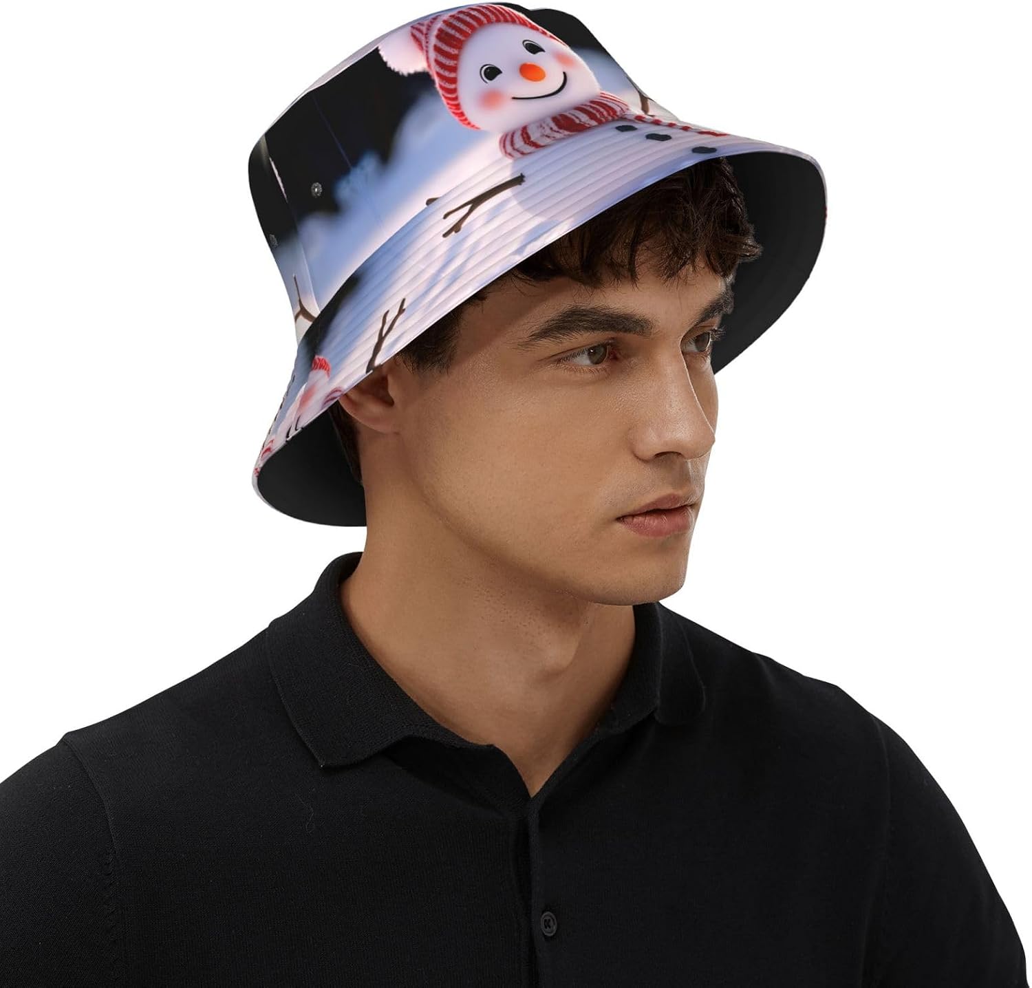 Smiling Snowman Prints Summer Outdoor Travel Bucket hat, a Beach Sun hat Suitable for Both Men and Women Black