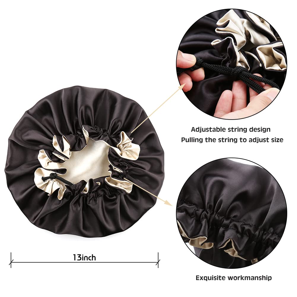 Satin Bonnet for Women - Large Sleeping Cap for Long Curly Hair, Adjustable Night Cap (Double Layer Black/Champagne)