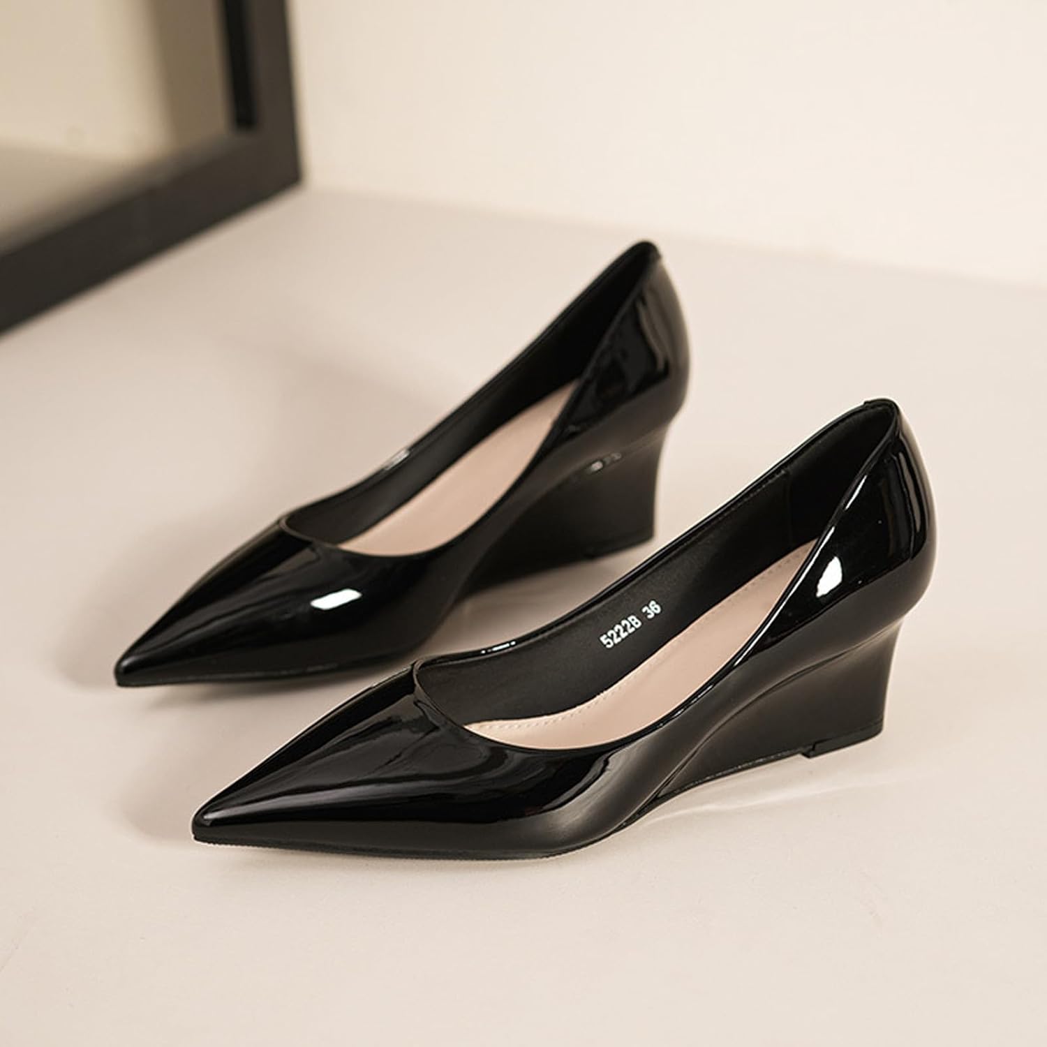 Women's Patent Leather Classic 2.17-Inches Wedges Pumps Fashion Comfortable Pointed Closed Toe Slip On Shallow Mouth High Heel Dressy Shoes for Wedding Work Office Party - Image 6