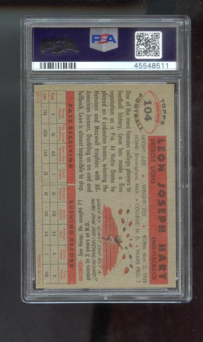 1956 Topps #104 Leon Hart PSA 6 Graded Football Card NFL Detroit Lions