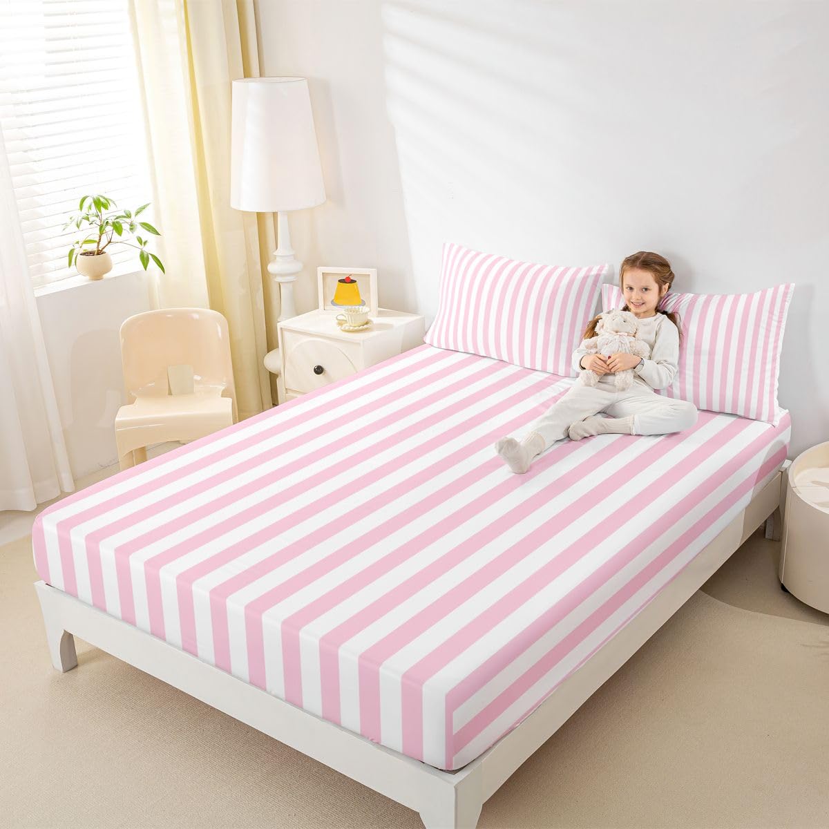 Manfei Gestreiftes Oberlaken, Queen-Size-Größe, gestreiftes Bettwäsche-Set, 4-teilig, für Kinder, Mädchen, Jungen, Teenager, Zimmer-Dekoration, moderne geometrische Linien, Spannbettlaken, rosa-weißes