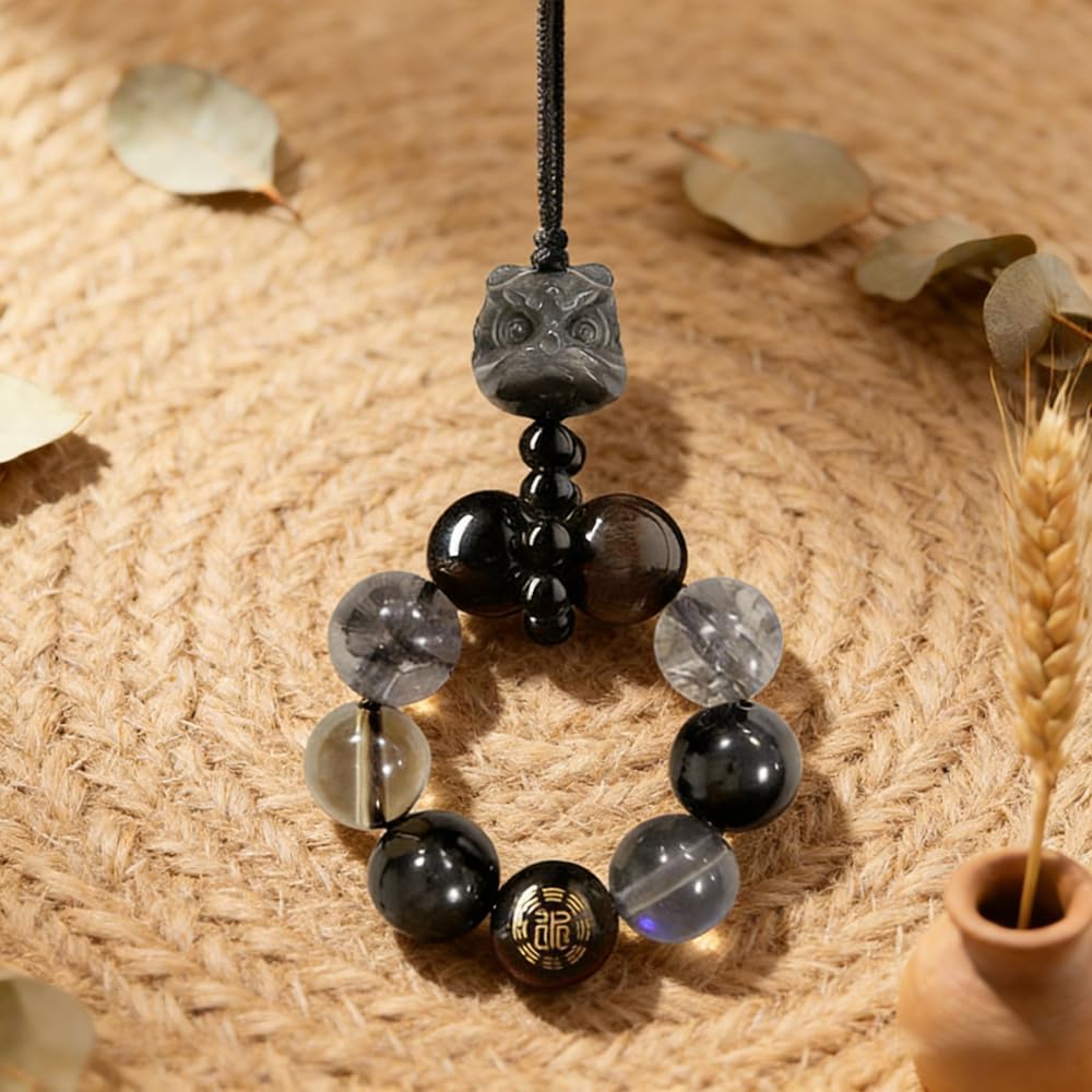 Natural Obsidian Quartz Beaded Keychain – Black Obsidian Healing Stone Pendant with Carved Accent, Lucky Spiritual Charm for Bag Decoration & Key Accessory - Image 3