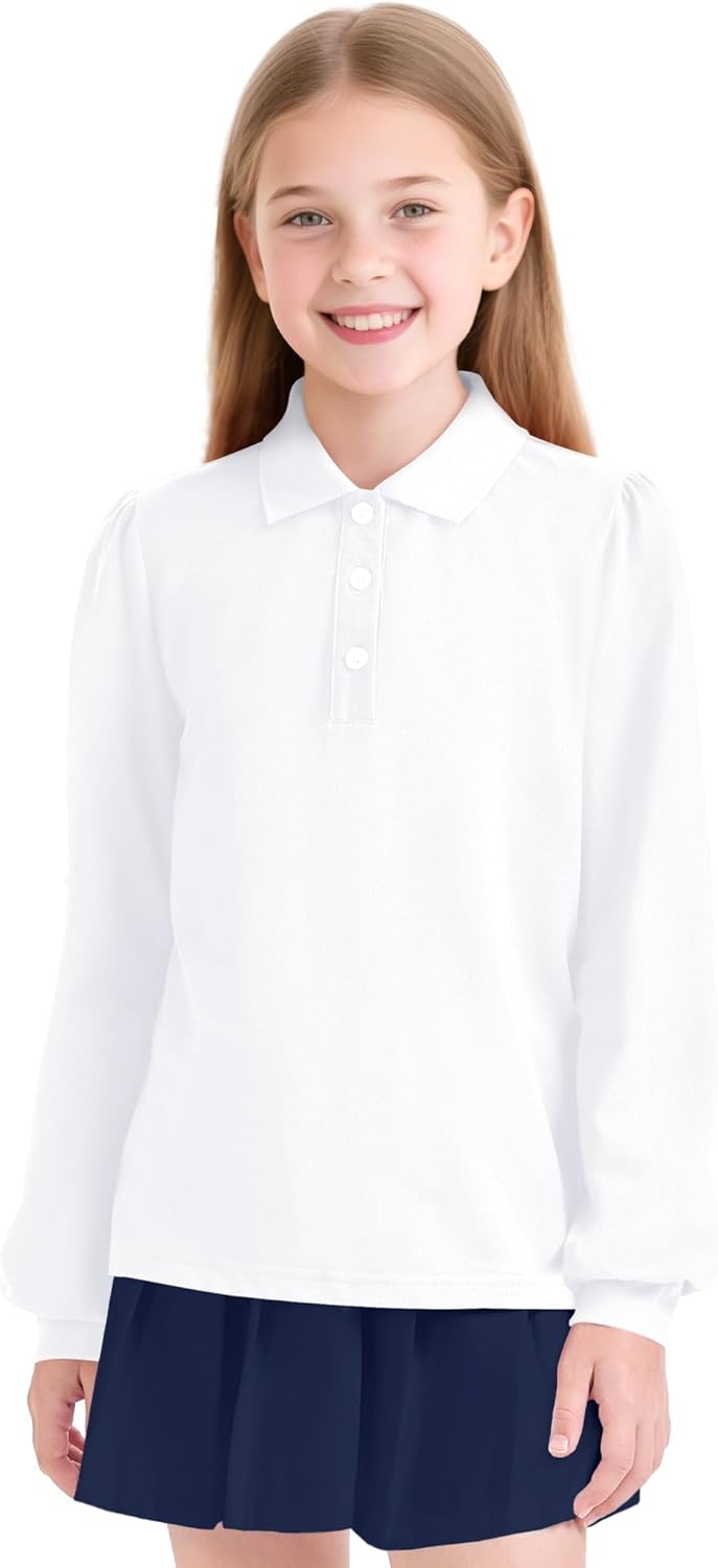 KEREDA Long Sleeve Uniform Shirts for Girls Cotton School Polo Shirts with Button for Kids - Image 2