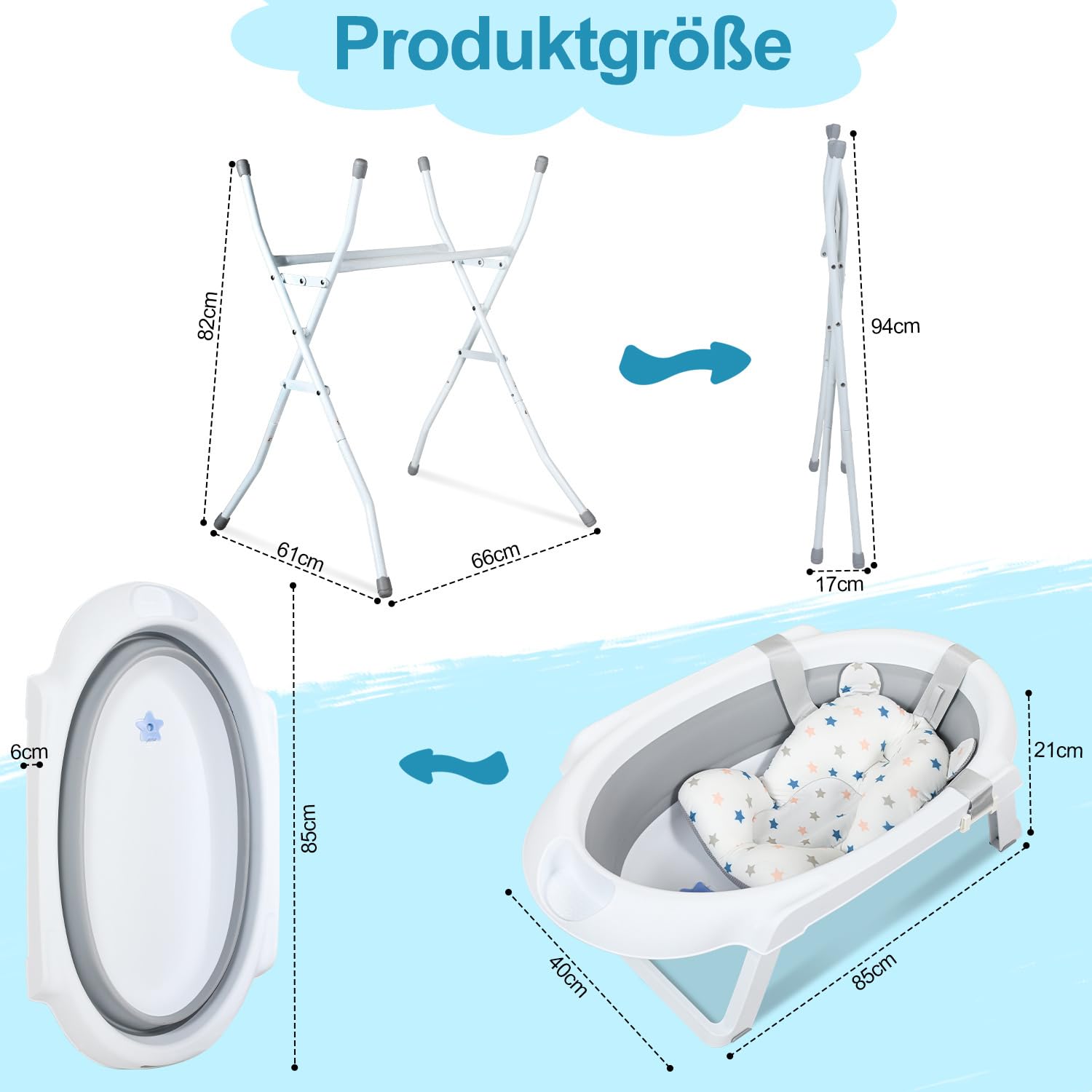 Bañera plegable para bebés con soporte, cojín de baño, manguera de drenaje e indicador de temperatura, ahorra espacio, estable para recién nacidos de 0 a 3 meses