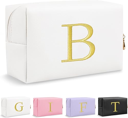 Miniatura 71 de Bolsa de Maquillaje con Inicial de Regalo Personalizado, Bolsa de Cosméticos Preppy con Letra Bordada Dorada, Rellenos de Calcetín para Chicas Blanco