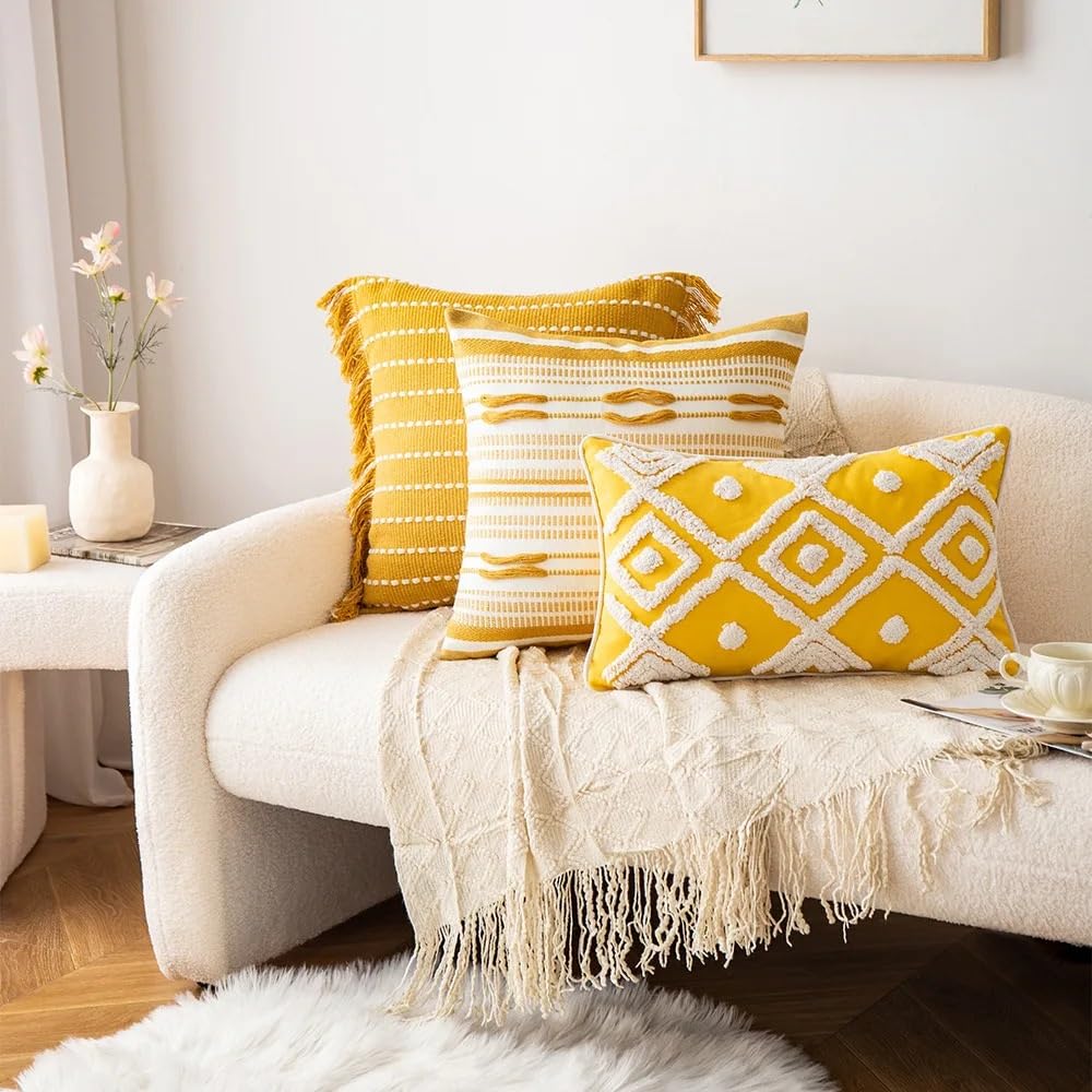 Skandynawski żółty pasek szydełkowy poszewka na poduszkę geometryczne pikowane frędzle poszewki na poduszki sofa dekoracja domu(E,45X45 Cushion cover)