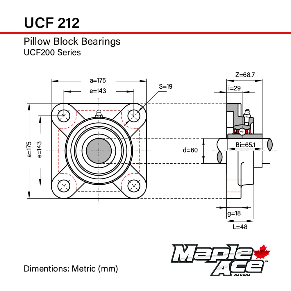 MAPLE ACE UCF212 Square Flange Bearing 60mm Bore, 4-Bolt Self-Aligning, Solid Base, R3 Triple Lip Seal, Heavy Duty