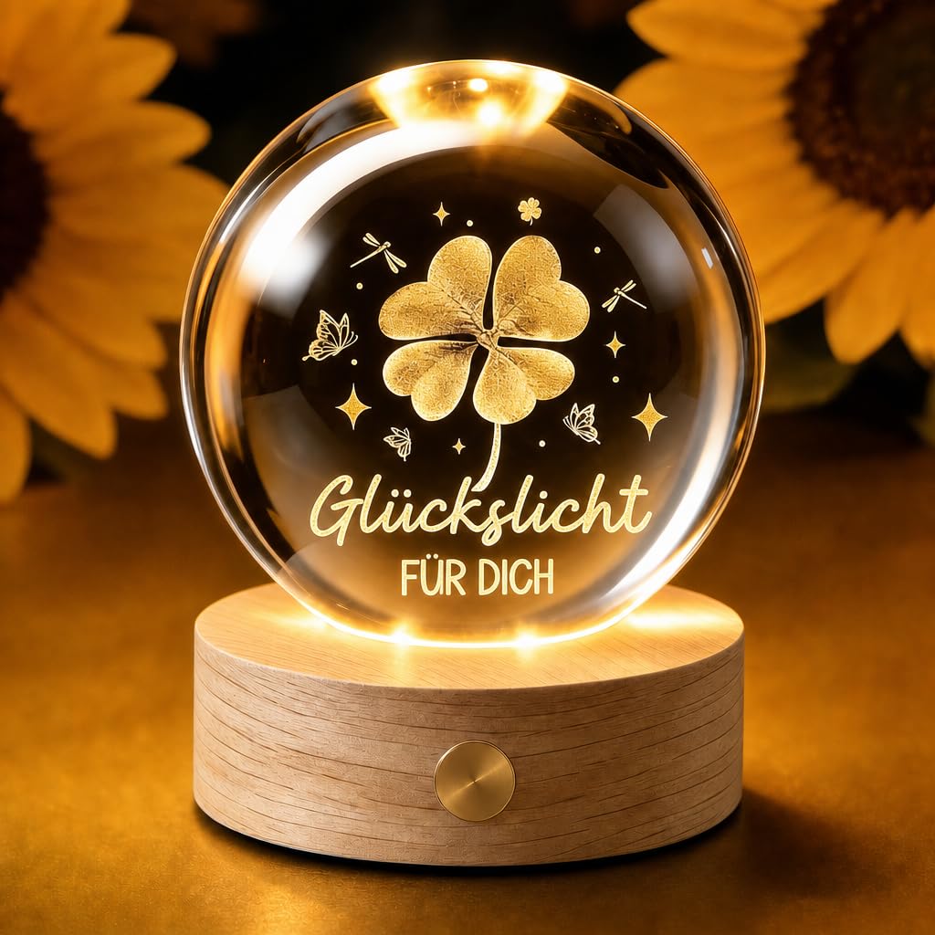Glücksbringer,60mm Aufladbar LED Glaskugel Deko Lampe Glücksbringer Prüfung mit Holzsockel,Kristallkugel Stimmungslicht Deko Wohnzimmer Geburtstagsgeschenk Geschenke für Frauen Geburtstag Freundin (A)