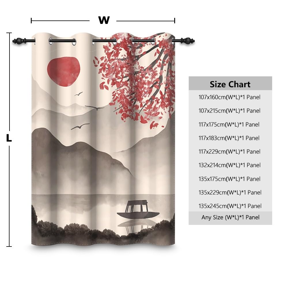 132x214cm Peinture à l'encre Traditionnelle Rideau à œillets Montagne Soleil Arbre Peinture Chinoise Paysage Thermique Séparations Occultant Rideaux pour Chambre Salon Bureau,1 Panneau Simple