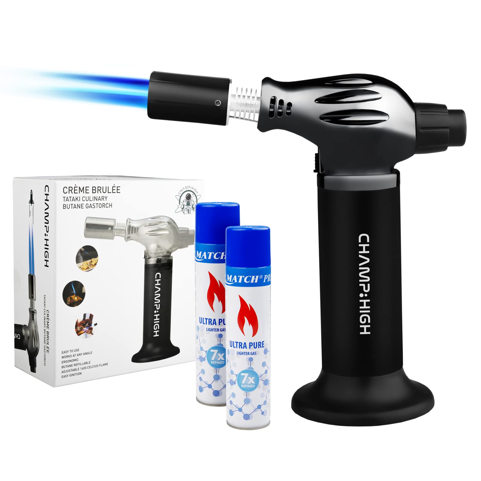 🔥 Soplete Antorcha Cocina De Doble Llama Recargable – Pack Con 1 Soplete + 2 Botellas De Butano | Para Crème Brûlée, Soldadura, Bricolaje