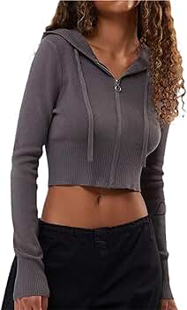 Women Y2k Zip Up Hooded Sweater Solid Stripe Slim Fit Long