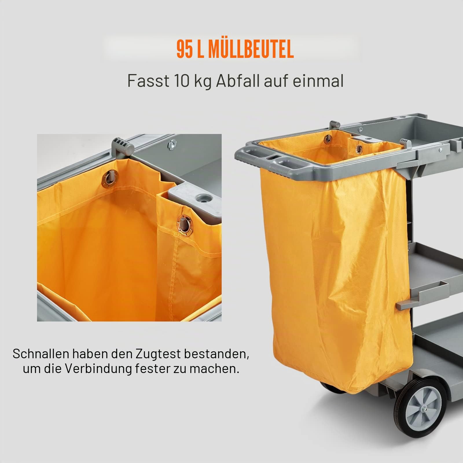 VEVOR Reinigungswagen Putzwagen mit 3 Fächern, Hygienewagen Reinigungswagen 90,7 kg Tragfähigkeit, Grau PP Wischwagen Systemwagen mit PVC-Müllsack, Geeignet für Büros, Einkaufszentren, Hotels