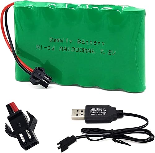 Qsmily Batería RC de 7.2 V, conector SM, batería recargable de Ni-Cd de 1000 mAh con cable de carga, adecuada para camión RC, camión de construcción disponible en Yaxa Peru