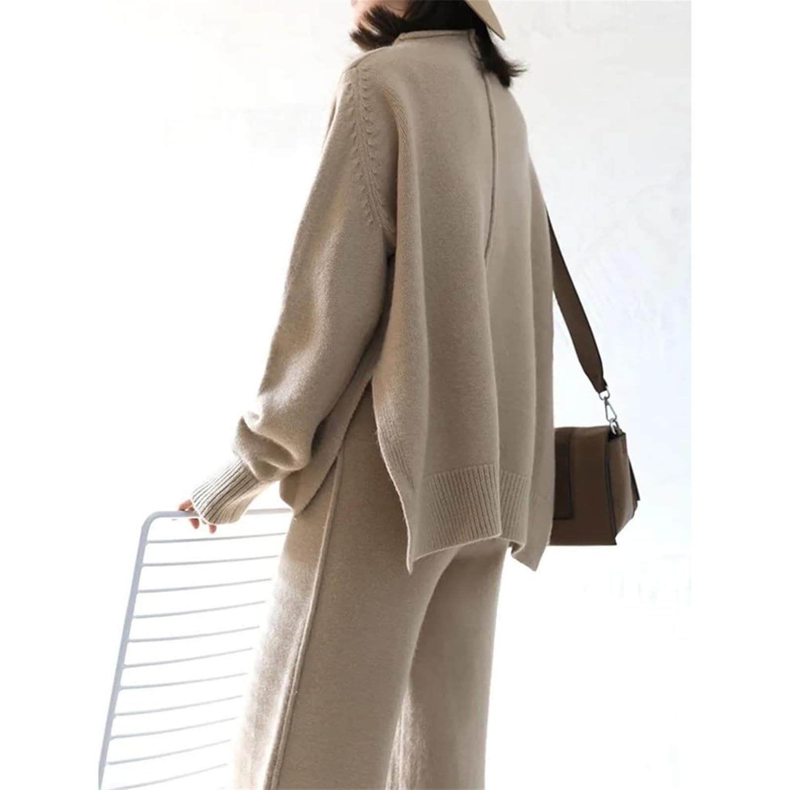 Komplet Odzieży Damskiej 2-częściowy, Elegancki Sweter Ze Stójką, Długi Rękaw + Spodnie, Komplet Oversize, Garnitur Z Dzianiny, Luźny, Ciepły Na Zimę, Na Co Dzień