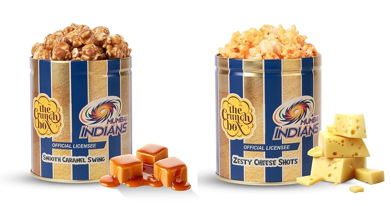 The Crunch Box presents Sports Edition Mumbai Indians Gourmet Popcorn Combo | Irresistible Smooth Caramel Swing Tin(150gms) | Tangy Zesty Cheese Shots Tin(50gms) |-picture-16