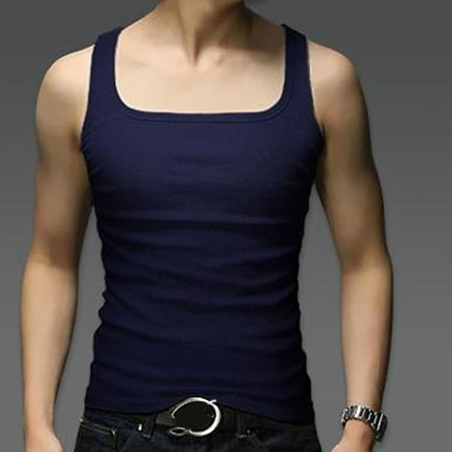Men Classic Square Neck Slim Vest Tops Trendy Sleeveless Sport Bottoming Shirt Summer Gym Exercise Slip Vest
