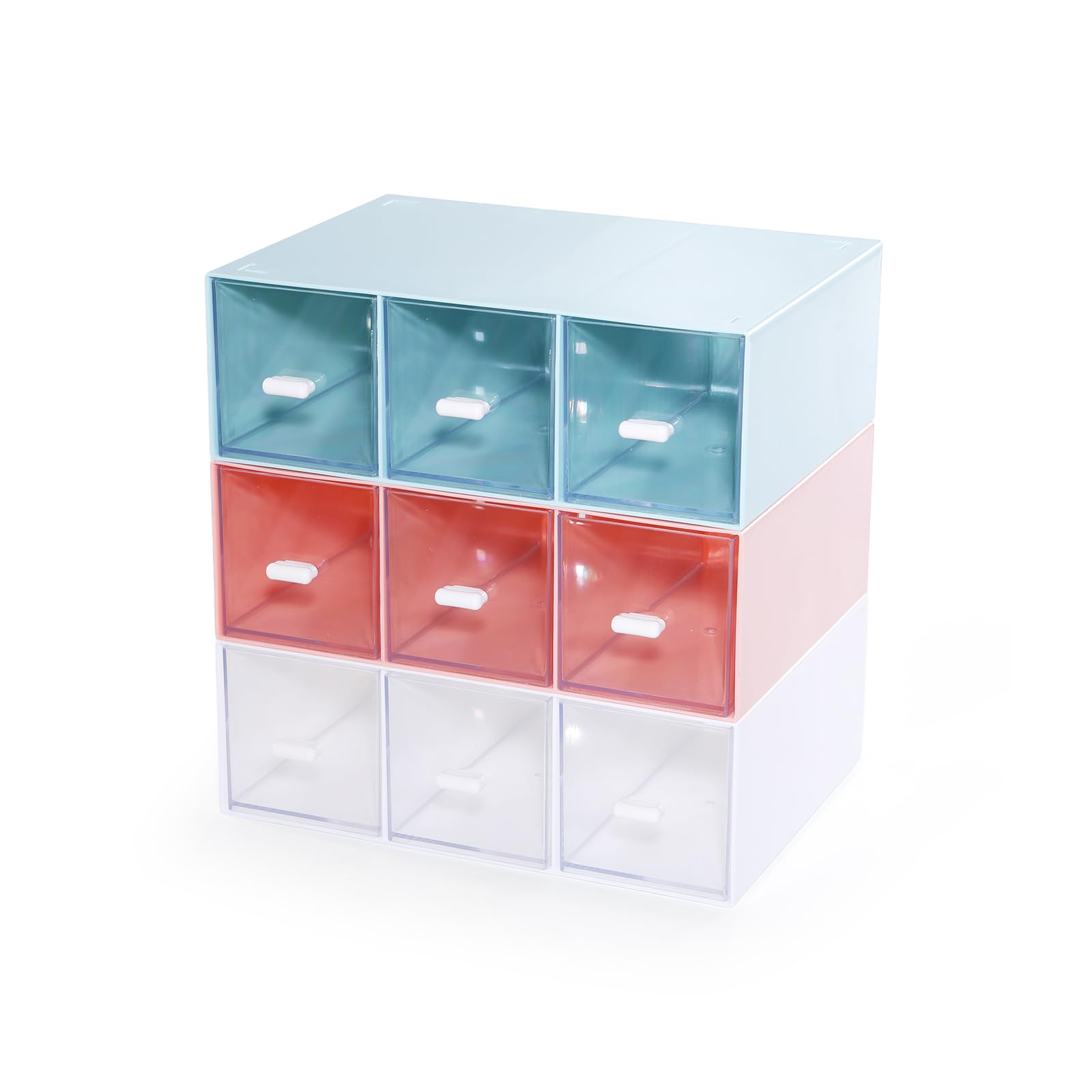 Osteed 3 Tall Layers & 9 Drawers, Mixed Colors Stackable Desk Organiser 9 Drawers, Small Plastic Drawers, Mix-Color