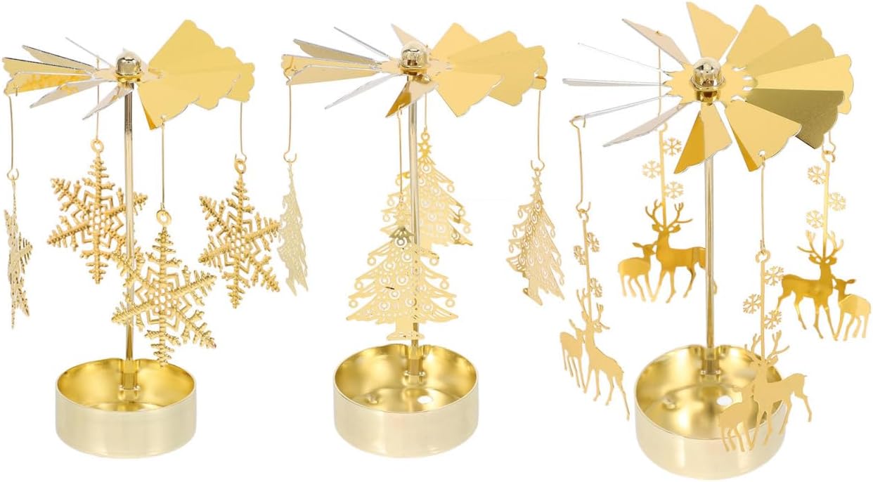 Angoily 3Pcs Golden Carousel Candle Stand Rotating Metal Tea Light Holders for Christmas Home Decor Table Centerpiece with Spinning Horse Design