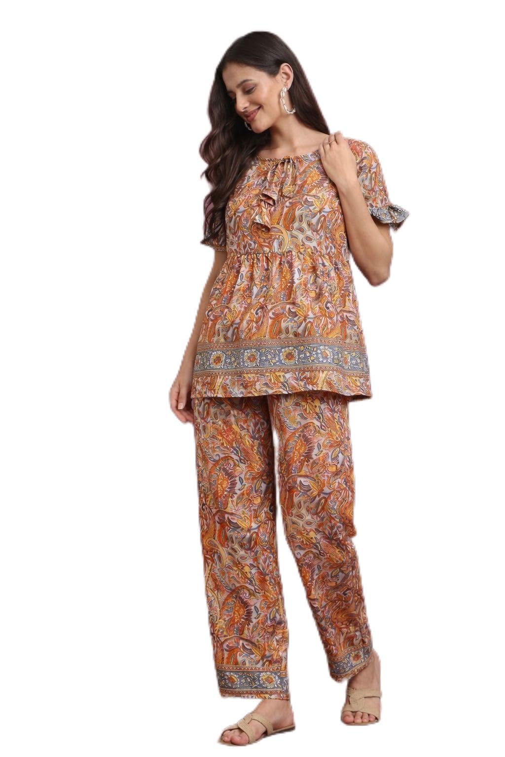 Women's Paisley Print Co-ord Set, Peplum Top with Ruffle Sleeves and Matching Pants, Multicolour, Rayon-image-20