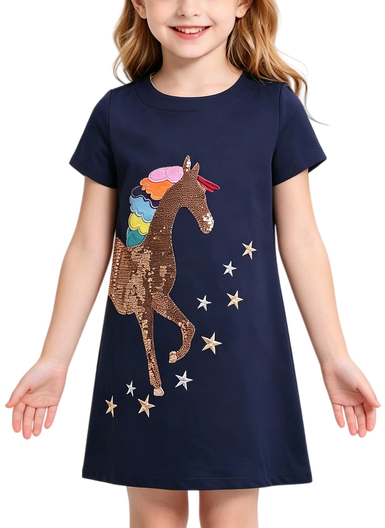 RETSUGO Vestito da bambina a trapezio carino unicorno arcobaleno modello manica corta casual bambina abiti per feste 1-8 anni