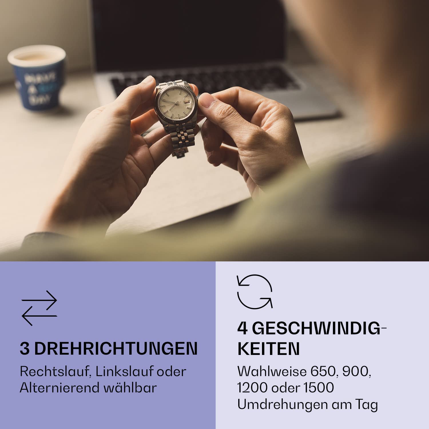 Klarstein Automatik-Uhrenbeweger für Herren & Damen, Watch Winder Mit Holz-Look, 4 TPD & 3 Rotationen, Leiser Beweger für 1 Automatikuhr