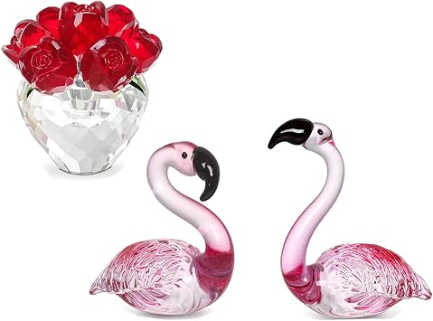 مجموعة LONGWIN من 1 زوج من الزجاج المنفوخ يدويًا Pink Flamingo Animal Sculpture و 1pc Crystal Ruby Rose Flower Figurine Glass Collectible Figurines