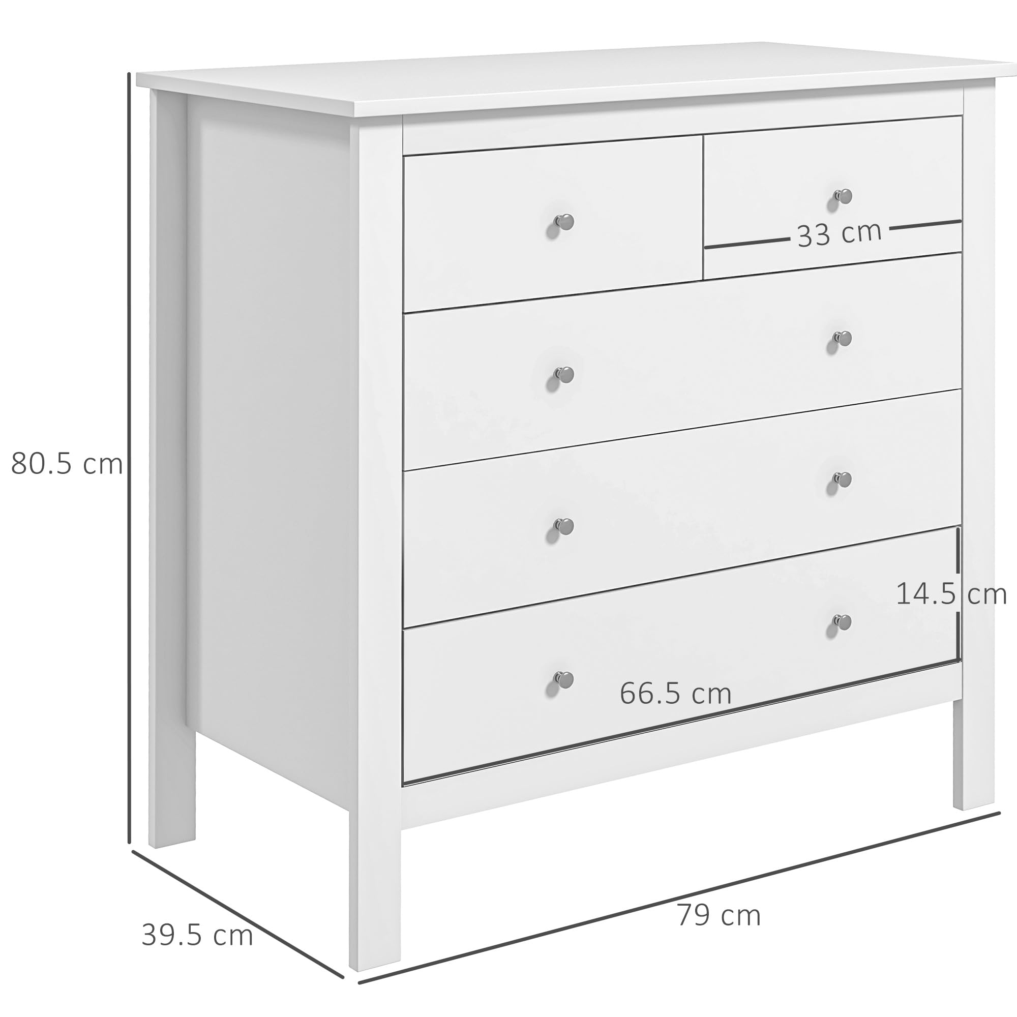 HOMCOM Cassettiera Cassettiera da Camera in Legno 79x39.5x80.5 cm Bianco | Con 2 Cassetti Piccoli e 3 Cassetti Grandi