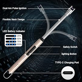 SUPRUS Electric Candle Lighter USB Type C Rechargeable Lighter Steel Shell & Hanging Hook with 360 Flexible Neck(Gold)