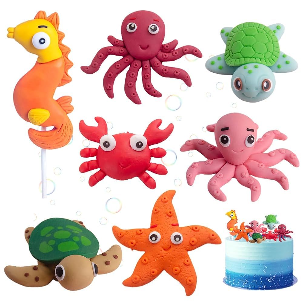 7PCS 3D Cake Decoration - Sea & Beach Theme Cake Toppers, Includes Turtle & Ocean Animal Toppers for Birthday Parties