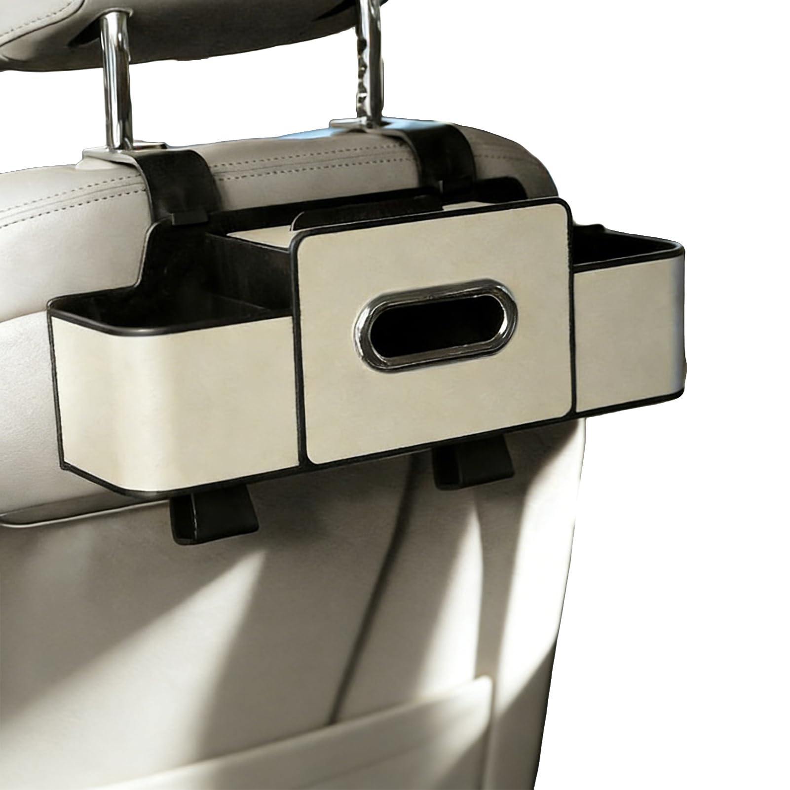 Glifora 3-in-1 Car Backseat Organiser - Multifunctional Back Seat Storage Box with 2 Cup Holders, Tissue Box and Hooks for Holding Phones, Snacks, Drinks and Handbags