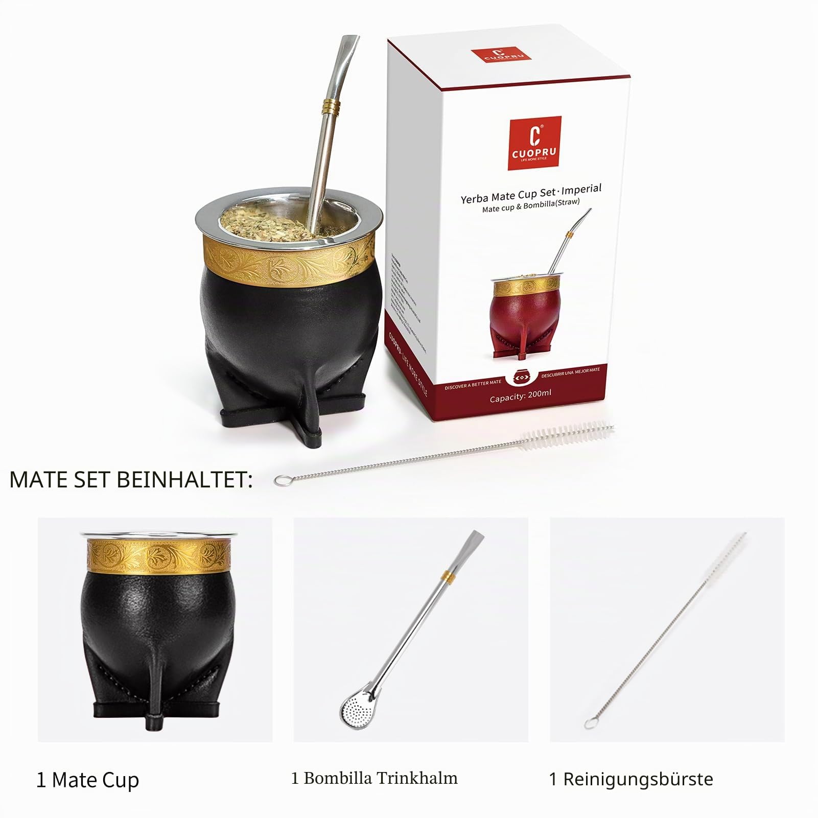 304 Edelstahl Argentinien Yerba Mate Tasse mit Strohhalm, Teekürbisbecher, eine Bombilla Mate (Strohhalm), eine Reinigungsbürste, Schwarz
