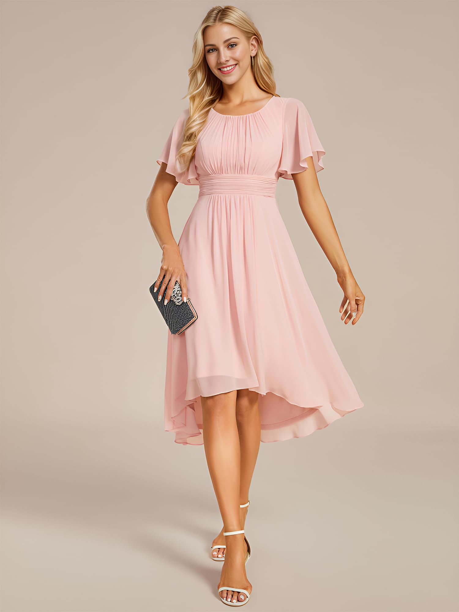 Ever-Pretty Robe de Cocktail Soirée Femme Col Rond Manches Courtes Mousseline EG02053