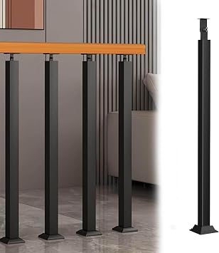 Black Square Metal Railing Spindles,Banister Column,Stair Balusters Posts with Flat & Adjustable 270  Angle Bracket,for Attics,Office Buildings,Decks,Patio RailingsSize75cm